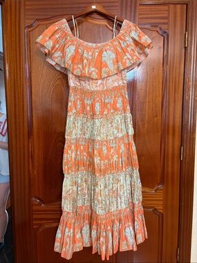 Alice + Olivia Orange and Cream Off-Shoulder Tiered Maxi Dress